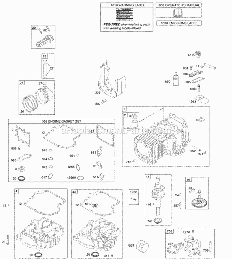 Camshaft Crankshaft Cylinder Engine Sump Gasket Set - Engine OperatorS Manual Piston Rings Connecting Rod Warning Label Diagram and Parts List for 31A607-0026-G1  Briggs and Stratton Engine